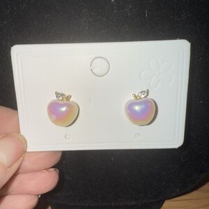 Pearlescent Apple Earrings With Rhinestone Accent